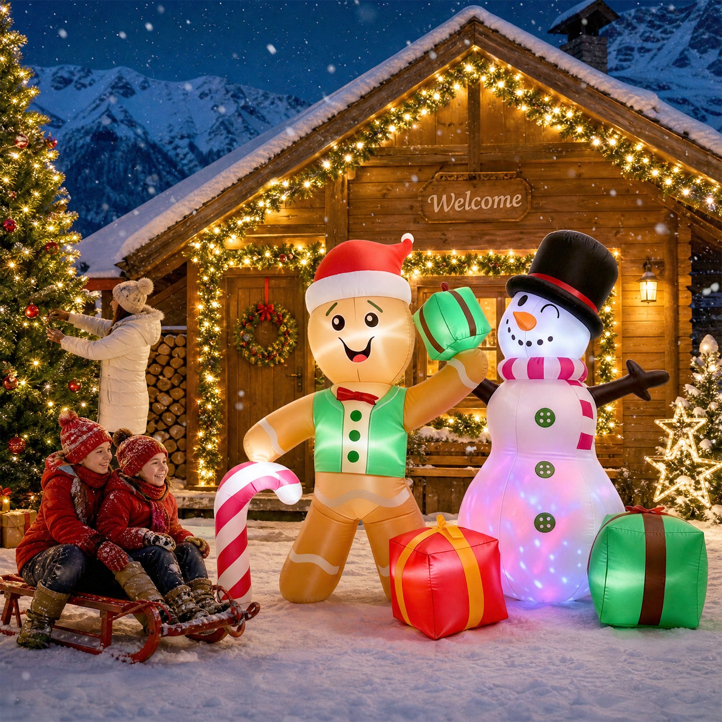 6 FT Christmas Decorations Outdoor Inflatables Gingerbread Man Snowman Blow Up Yard Decor, Outdoor Inflatables Decorations with Rotating LED Light for Garden Patio Lawn Holiday Party Xmas