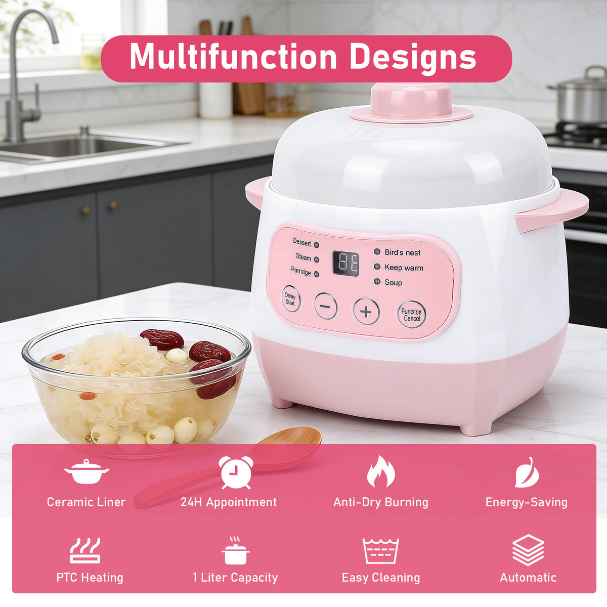 1L Electric Stew Pot, Smart Ceramic Soup Porridge Cooker, Mini Slow Cooker Anti Dry Burn , Multifunction Electric Ceramic Cooker