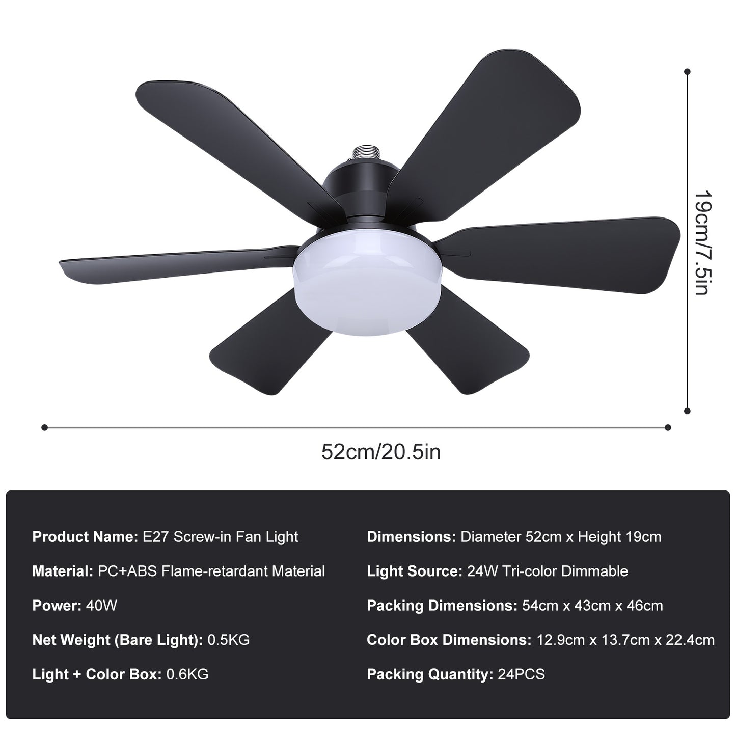 Socket Fan Light with Remote, 20.5in Small Ceiling Fan with 3-Speeds, Dimmable LED, E26/E27 Base, 6 Blades Light Socket Fan for Kitchen Bedroom