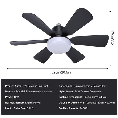 Socket Fan Light with Remote, 20.5in Small Ceiling Fan with 3-Speeds, Dimmable LED, E26/E27 Base, 6 Blades Light Socket Fan for Kitchen Bedroom