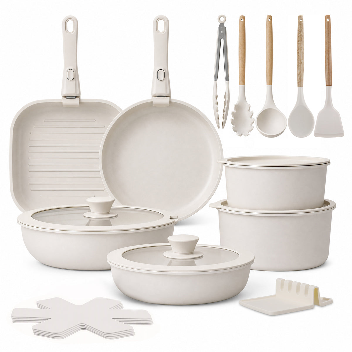 22 Piece Pots and Pans Set Non Stick, Cookware Set with Detachable Handles, Oven Safe, Induction Ready, Stackable RV Kitchen Cooking Set, Cream White