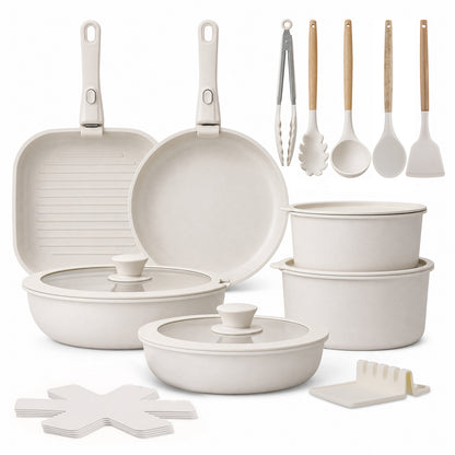 22 Piece Pots and Pans Set Non Stick, Cookware Set with Detachable Handles, Oven Safe, Induction Ready, Stackable RV Kitchen Cooking Set, Cream White