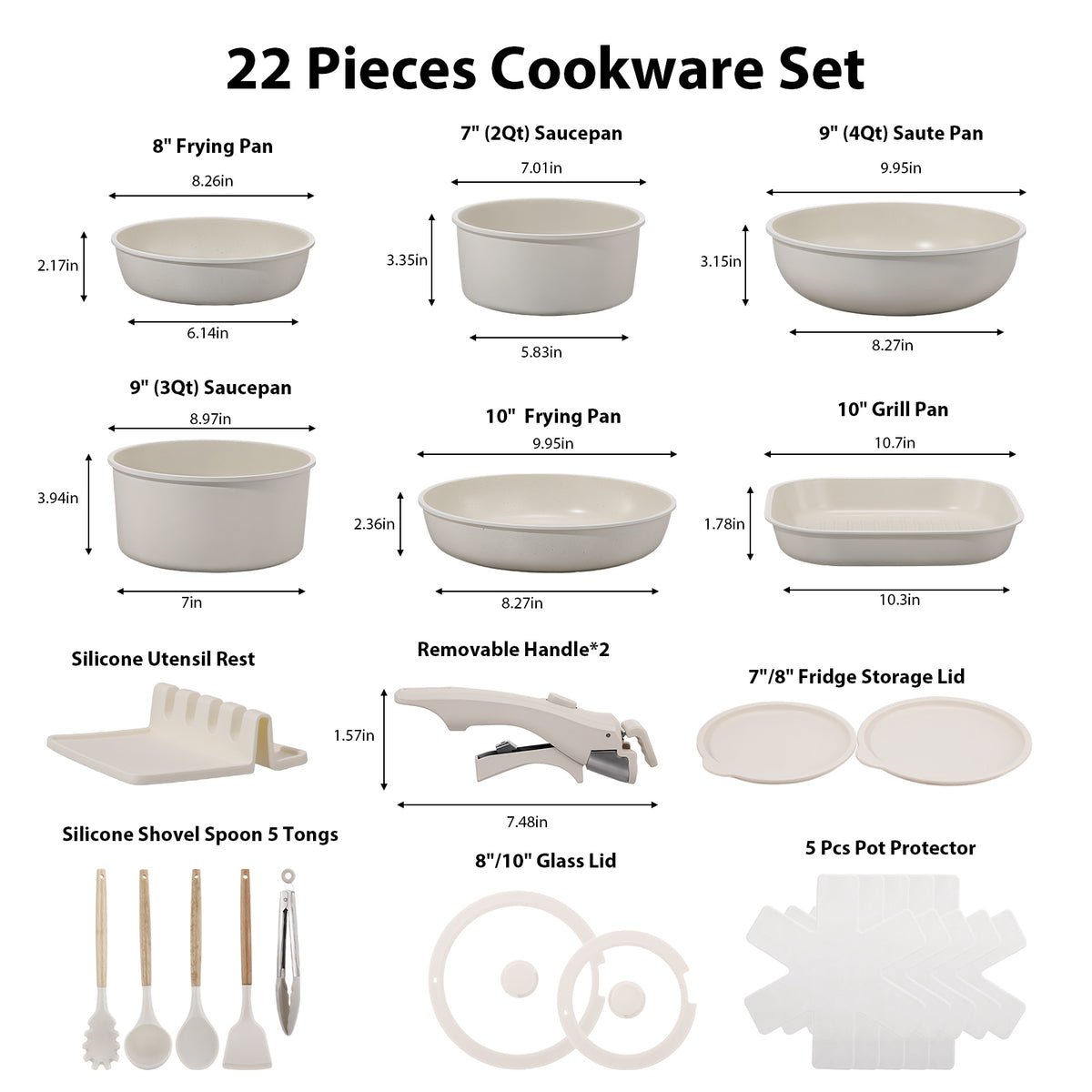 22 Piece Pots and Pans Set Non Stick, Cookware Set with Detachable Handles, Oven Safe, Induction Ready, Stackable RV Kitchen Cooking Set, Cream White