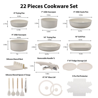 22 Piece Pots and Pans Set Non Stick, Cookware Set with Detachable Handles, Oven Safe, Induction Ready, Stackable RV Kitchen Cooking Set, Cream White