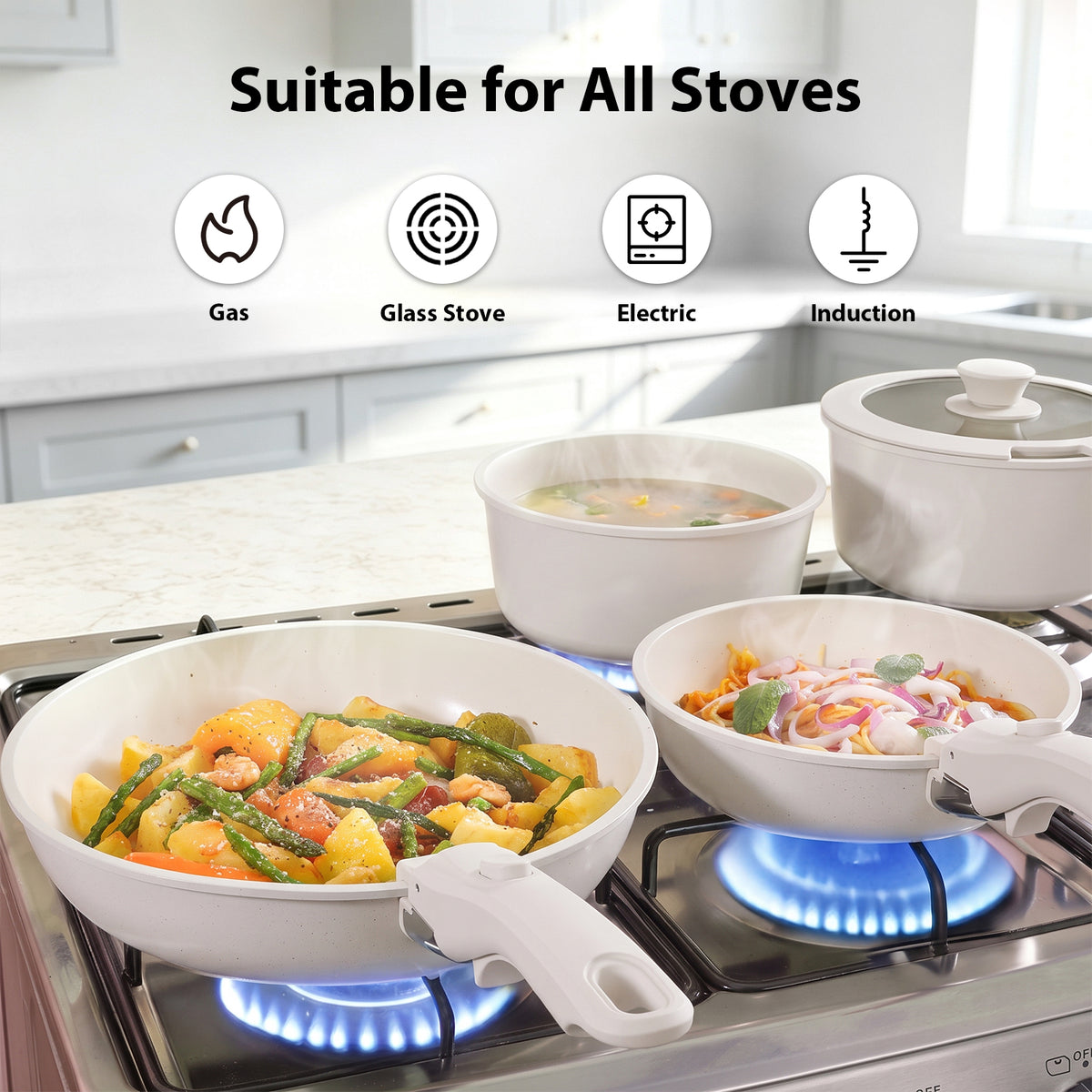22 Piece Pots and Pans Set Non Stick, Cookware Set with Detachable Handles, Oven Safe, Induction Ready, Stackable RV Kitchen Cooking Set, Cream White