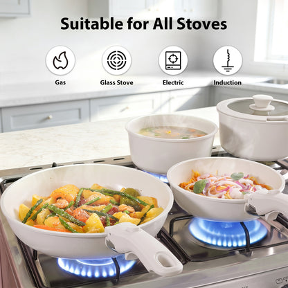 22 Piece Pots and Pans Set Non Stick, Cookware Set with Detachable Handles, Oven Safe, Induction Ready, Stackable RV Kitchen Cooking Set, Cream White